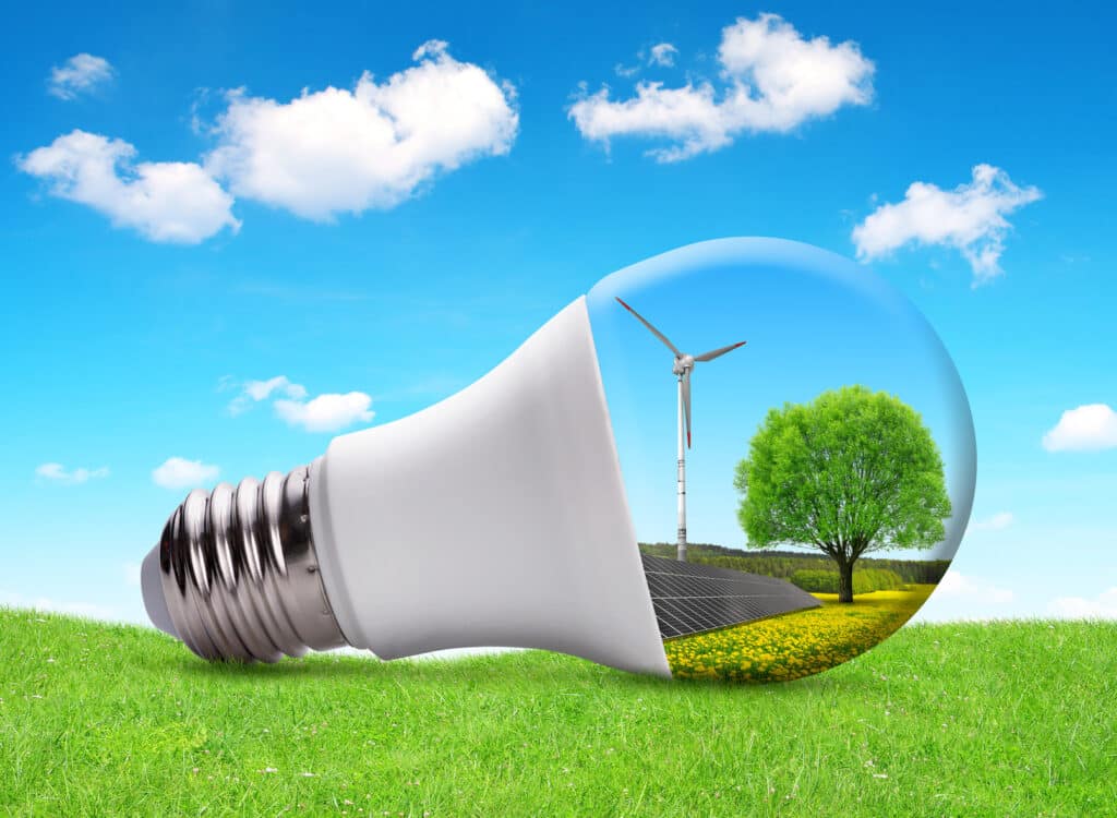 Eco LED bulb with solar panel and wind turbine